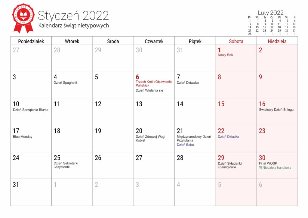 Kalendarz świąt nietypowych - styczeń 2022