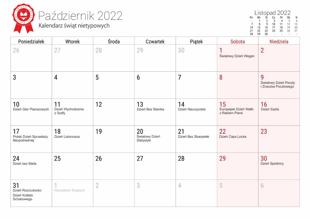 Kalendarz świąt nietypowych - październik 2022