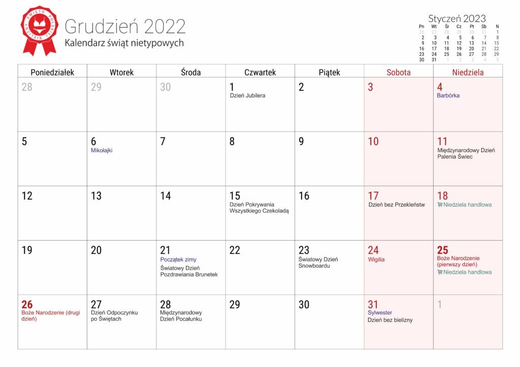 Kalendarz świąt nietypowych - grudzień 2022