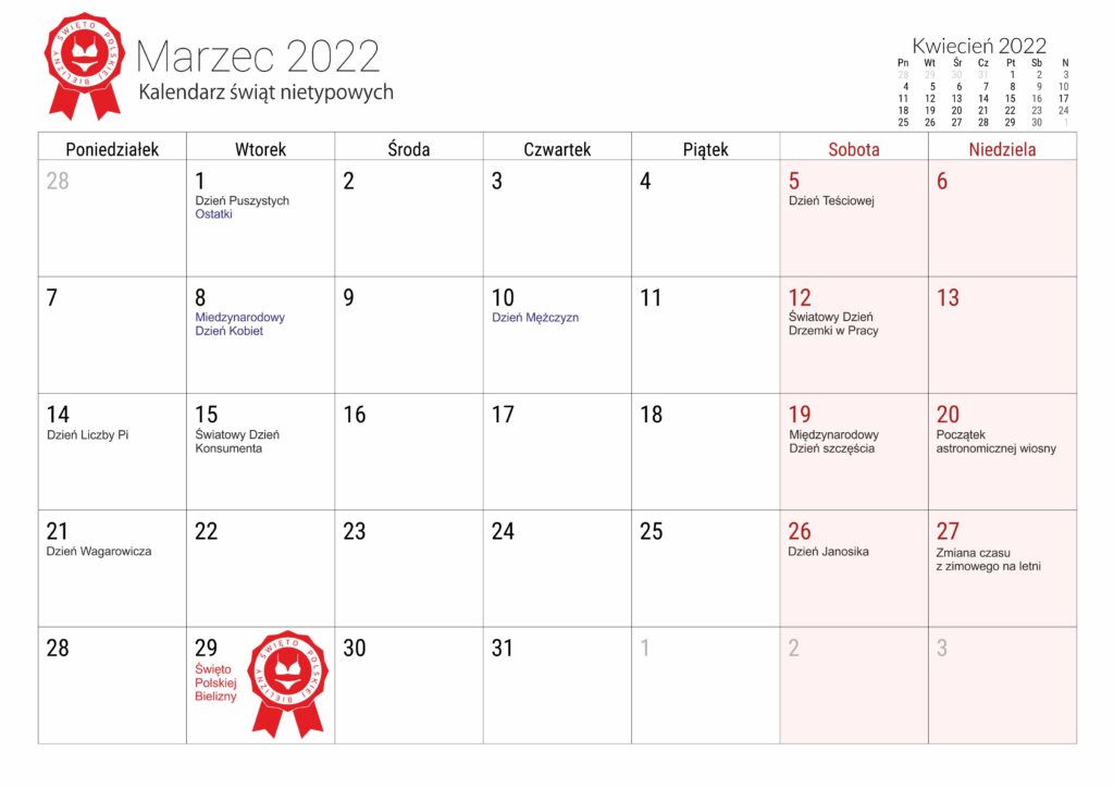 Kalendarz świąt nietypowych - marzec 2022