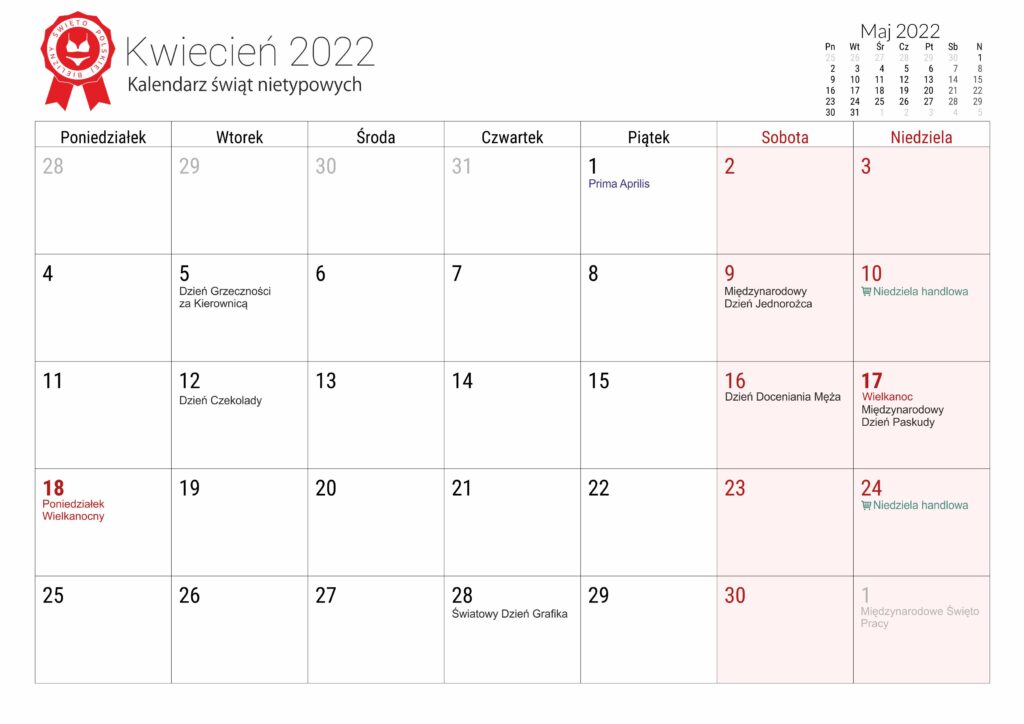 Kalendarz świąt nietypowych - kwiecień 2022