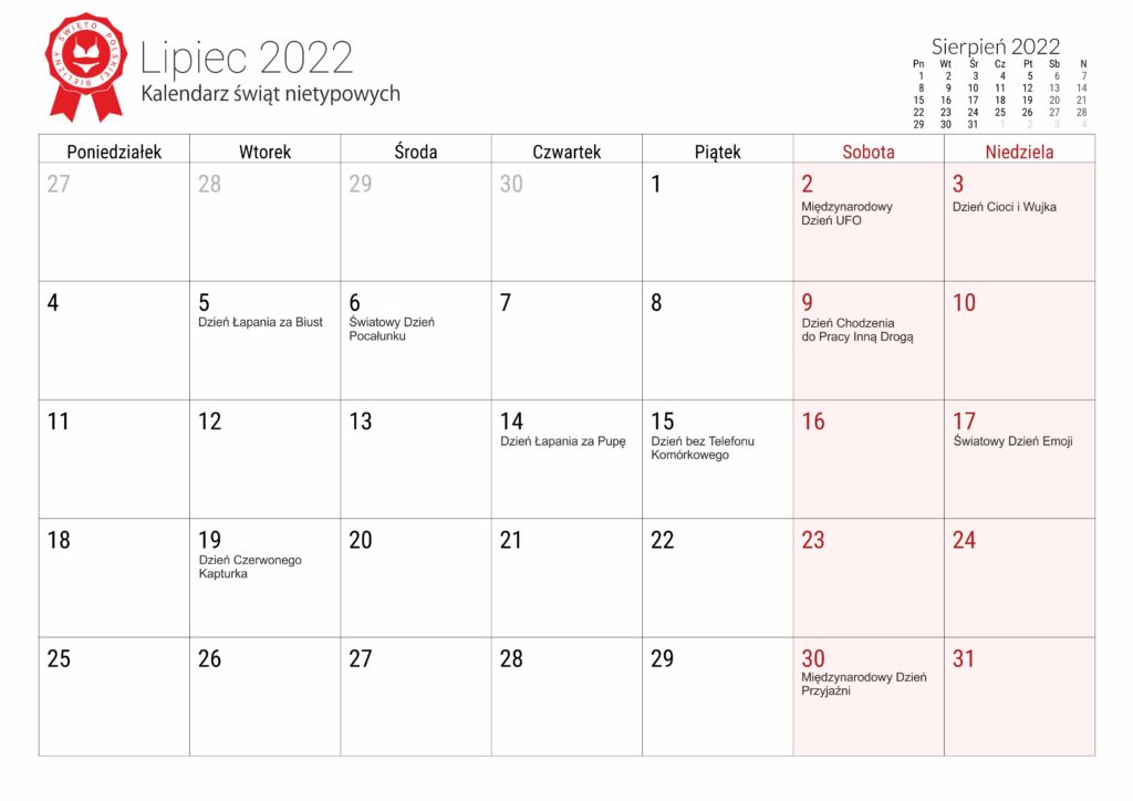 Kalendarz świąt nietypowych - lipiec 2022