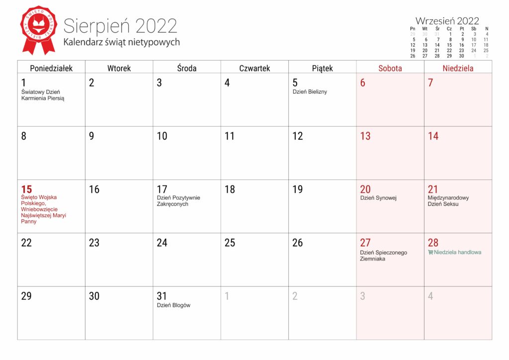 Kalendarz świąt nietypowych - sierpień 2022